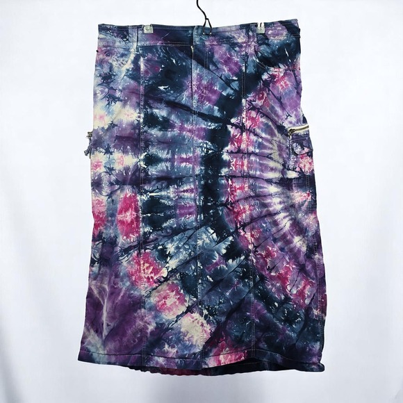 Venezia Tie Dye Denim Skirt Woman 18 Midi‎ Zipped Cargo Pockets Festival Hippie - Picture 1 of 9